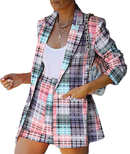 Onsoyours Damen Zweiteiliger Anzug Set Revers Business Büro Einfarbig Blazer Langarm Anzugjacke Hosenanzug Slim Fit Shorts 2 Stück Anzugsets Gemischtes Farbraster XXL von Onsoyours