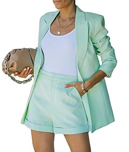 Onsoyours Damen Zweiteiliger Anzug Set Revers Business Büro Einfarbig Blazer Langarm Anzugjacke Hosenanzug Slim Fit Shorts 2 Stück Anzugsets Grün L von Onsoyours