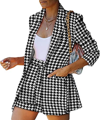 Onsoyours Damen Zweiteiliger Anzug Set Revers Business Büro Einfarbig Blazer Langarm Anzugjacke Hosenanzug Slim Fit Shorts 2 Stück Anzugsets Schwarz Weiß Raster L von Onsoyours