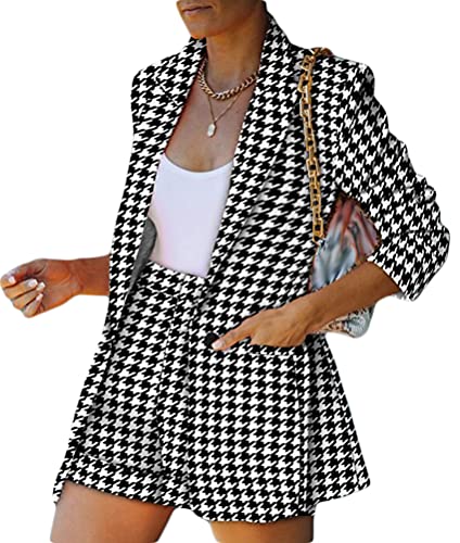 Onsoyours Damen Zweiteiliger Anzug Set Revers Business Büro Einfarbig Blazer Langarm Anzugjacke Hosenanzug Slim Fit Shorts 2 Stück Anzugsets Schwarz Weiß Raster M von Onsoyours