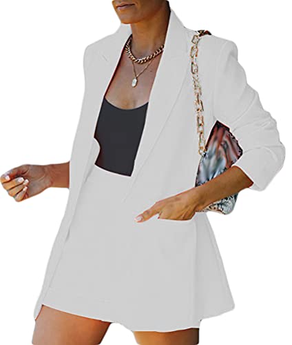 Onsoyours Damen Zweiteiliger Anzug Set Revers Business Büro Einfarbig Blazer Langarm Anzugjacke Hosenanzug Slim Fit Shorts 2 Stück Anzugsets Weiß S von Onsoyours