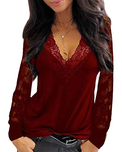 Onsoyours Damenblusen Spitzenbluse Lace Bluse Rüschenbluse Langarm T-Shirt Spitze Hemdbluse Frauen Ol Tunika Blusenshirt A Weinrot 2XL von Onsoyours