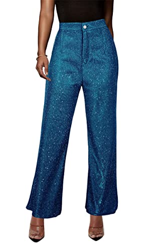 Onsoyours Damenhose Funkelnhosen Pailletten Hohe Taille Joggerhosen Glitzer Weit Long Lose Hosen Bling Party Clubwear Streetwear Business Hosen Schlaghose Anzughosen Palazzo Hose A Blau M von Onsoyours