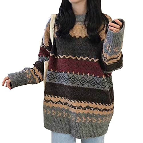Onsoyours Damenpullover Y2K Geometric Sweater Strickuniform Langarm Loose Pullover Casual Sweatshirt Oberteile Tops Strickpullover Preppy Style Winter A Dunkelgrau M von Onsoyours