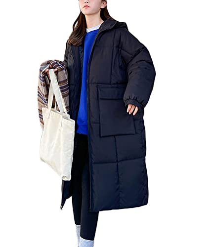 Onsoyours Daunenmantel Damen mit Kapuze Daunenjacke Wintermantel Jacke Parka Steppmantel Langer Winter Outdoor Mantel Softshelljacke mit Taschen D Schwarz L von Onsoyours