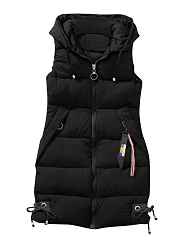 Onsoyours Daunenweste Damen Elegante Lange Steppweste Daunenjacke Steppjacke Outerwear Ärmellose Warmer Daunenmantel Wintermantel Winddichte Weste mit Kapuze A Schwarz M von Onsoyours