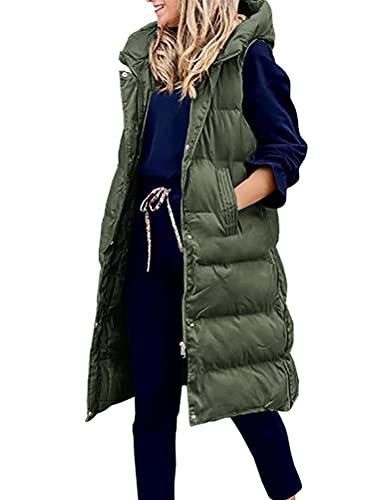 Onsoyours Daunenweste Damen Lang Vest Ärmellos Warmer Jacke Übergangs Medium Lange Dicker Slim Zip Einfarbig Freizeit Mantel Jacke Mit Taschen Herbst Winter Outdoor C Armeegrün XS von Onsoyours