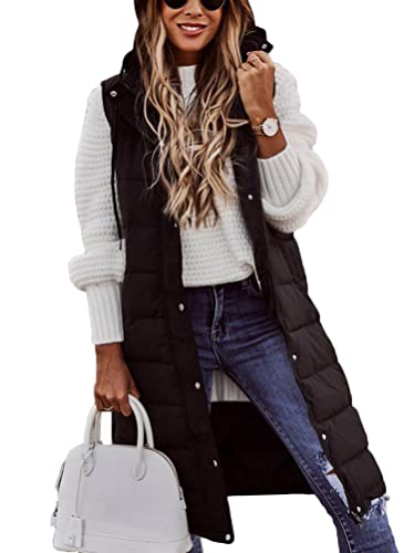 Onsoyours Daunenweste Damen Lang Vest Ärmellos Warmer Steppweste Daunenmantel Dicker Slim Zip Einfarbig Freizeit Mantel Jacke mit Taschen Herbst Winter Outdoor A Schwarz 3XL von Onsoyours