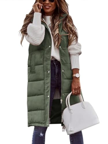 Onsoyours Daunenweste Damen Lang Vest Ärmellos Warmer Steppweste Daunenmantel Dicker Slim Zip Einfarbig Freizeit Mantel Jacke mit Taschen Herbst Winter Outdoor D Armeegrün XS von Onsoyours