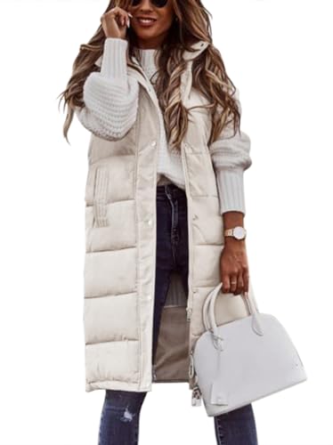 Onsoyours Daunenweste Damen Lang Vest Ärmellos Warmer Steppweste Daunenmantel Dicker Slim Zip Einfarbig Freizeit Mantel Jacke mit Taschen Herbst Winter Outdoor D Beige XL von Onsoyours