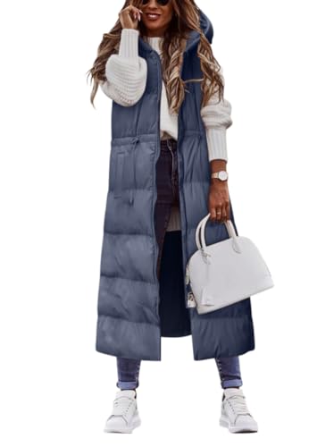 Onsoyours Daunenweste Damen Lang Vest Ärmellos Warmer Steppweste Daunenmantel Dicker Slim Zip Einfarbig Freizeit Mantel Jacke mit Taschen Herbst Winter Outdoor E Blau XL von Onsoyours