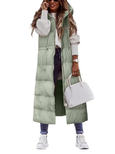 Onsoyours Daunenweste Damen Lang Vest Ärmellos Warmer Steppweste Daunenmantel Dicker Slim Zip Einfarbig Freizeit Mantel Jacke mit Taschen Herbst Winter Outdoor E Hellgrün XL von Onsoyours