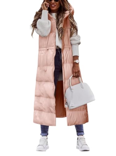 Onsoyours Daunenweste Damen Lang Vest Ärmellos Warmer Steppweste Daunenmantel Dicker Slim Zip Einfarbig Freizeit Mantel Jacke mit Taschen Herbst Winter Outdoor E Rosa XXL von Onsoyours