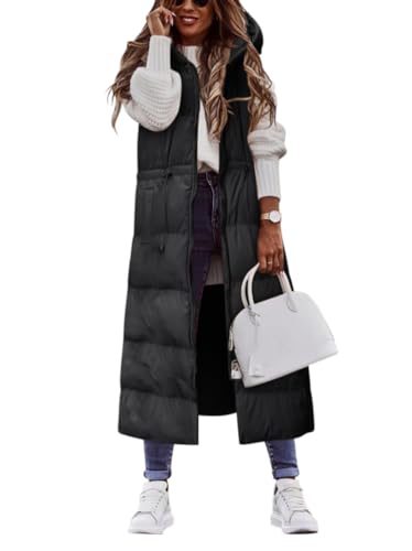 Onsoyours Daunenweste Damen Lang Vest Ärmellos Warmer Steppweste Daunenmantel Dicker Slim Zip Einfarbig Freizeit Mantel Jacke mit Taschen Herbst Winter Outdoor E Schwarz XL von Onsoyours