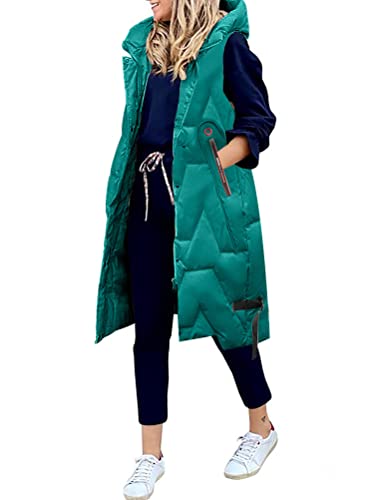 Onsoyours Daunenweste Damen Lang Weste Casual Einfarbige Ärmellose Länge Steppjacke Winddicht Reißverschluss Daunenjacke Daunenjacke Outdoorjacke mit Kapuze Weste Mantel A Grün XXL von Onsoyours