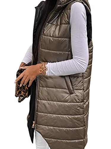 Onsoyours Daunenweste Damen Lang Wintermantel Vest Mit Kapuze Weste Mantel Ärmellose Warmer Daunenmantel Mit Taschen Steppweste Damen Daunenjacke Steppjacke Outdoor B Hellbraun M von Onsoyours