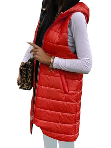 Onsoyours Daunenweste Damen Lang Wintermantel Vest Mit Kapuze Weste Mantel Ärmellose Warmer Daunenmantel Mit Taschen Steppweste Damen Daunenjacke Steppjacke Outdoor B Rot M von Onsoyours