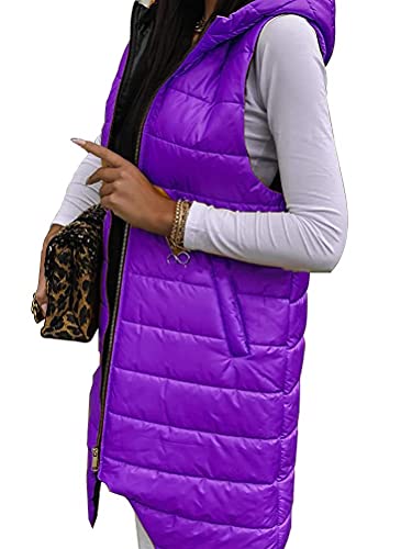 Onsoyours Daunenweste Damen Lang Wintermantel Vest Mit Kapuze Weste Mantel Ärmellose Warmer Daunenmantel Mit Taschen Steppweste Damen Daunenjacke Steppjacke Outdoor B Violett XL von Onsoyours