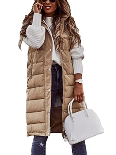 Onsoyours Daunenweste Damen Lang Wintermantel Vest mit Kapuze Weste Mantel Ärmellose Warmer Daunenmantel mit Taschen Steppweste Damen Daunenjacke Steppjacke Outdoor A BeigeM von Onsoyours