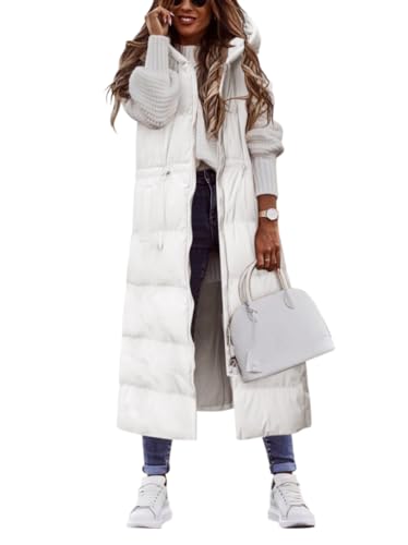 Onsoyours Daunenweste Damen Lang Wintermantel Vest mit Kapuze Weste Mantel Ärmellose Warmer Daunenmantel mit Taschen Steppweste Damen Daunenjacke Steppjacke Outdoor E Weiß S von Onsoyours