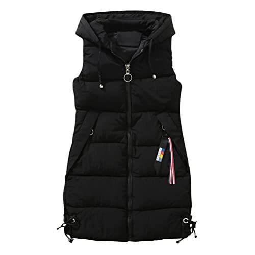 Onsoyours Daunenweste Damen Lange Steppweste Mit Kapuze Trendige Fliege Saum Lange Winterjacke Damen Elegante Weste Winddichte Daunenjacke Wintermantel Daunenmantel A Schwarz XL von Onsoyours