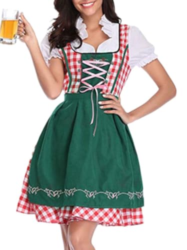 Onsoyours Dirndl Damen Midi Trachtenkleid Trachtenmode Trachtenrock Kleid Kariert Dirndlkleid für Oktoberfest Besondere Anlässe A Grün 01 XS von Onsoyours