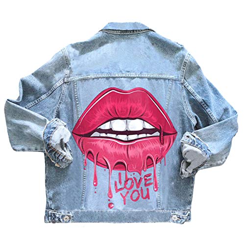 Onsoyours E Blau Taschen Einreiher Zerrissene Graffiti Langarm Boyfriend Oversize Jeansjacke Damen Mode Denim Jacket S von Onsoyours