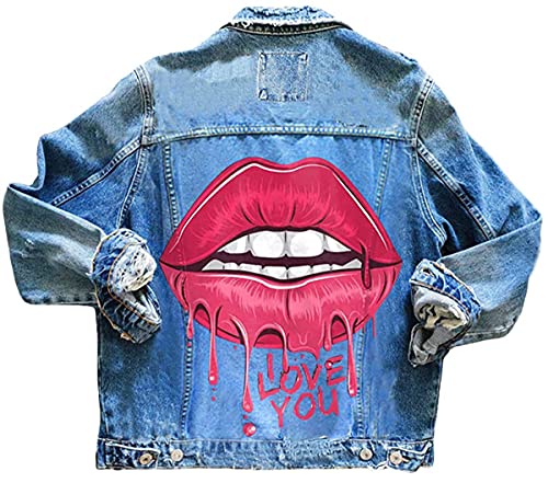 Onsoyours E Dunkelblau Taschen Einreiher Zerrissene Graffiti Langarm Boyfriend Oversize Jeansjacke Damen Mode Denim Jacket XXL von Onsoyours