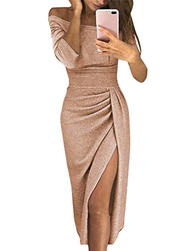 Onsoyours Elegant Schulterfreies Kleid Damen Pailletten Bodycon Cocktailkleid Partykleid Sexy Seitensplit Abendkleid Maxikleid C Champagner S von Onsoyours