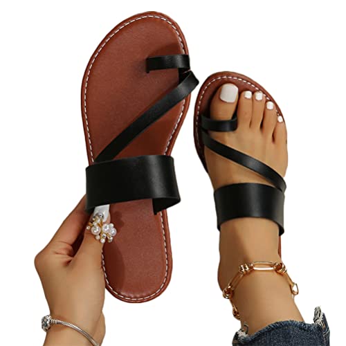 Onsoyours Flache Sandalen Damen Sommer Boho Zehe Ring Frauen Sandalen Weichen Sohlen Sommerschuhe Freizeit Römische Sandalen Mädchen Strandschuhe A Schwarz 37 EU von Onsoyours