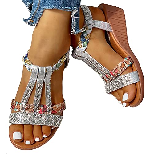 Onsoyours Flache Sandalen Damen Sommer Freizeit Zehentrenner mit Weiche 01 Silber 36 EU von Onsoyours