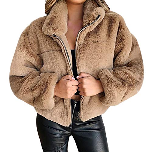 Onsoyours Fleecejacke Damen Plüschjacke Einfarbig Reißverschluss Revers Plüsch Mantel Casual Teddy Fleece Cardigan Warm Jacke Parka Outwear Frauen Mode Kurz Coat Winterjacke (L, Khaki) von Onsoyours