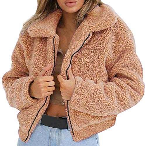 Onsoyours Fleecejacke Damen Plüschjacke Einfarbig Reißverschluss Revers Plüsch Mantel Casual Teddy Fleece Cardigan Warm Jacke Parka Outwear Frauen Mode Kurz Coat Winterjacke (M, Z Khaki) von Onsoyours