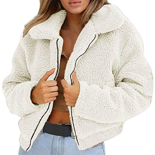 Onsoyours Fleecejacke Damen Plüschjacke Einfarbig Reißverschluss Revers Plüsch Mantel Casual Teddy Fleece Cardigan Warm Jacke Parka Outwear Frauen Mode Kurz Coat Winterjacke (M, Z Weiß) von Onsoyours