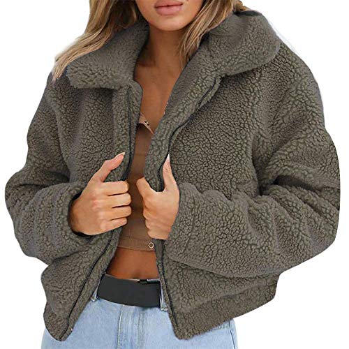 Onsoyours Fleecejacke Damen Plüschjacke Einfarbig Reißverschluss Revers Plüsch Mantel Casual Teddy Fleece Cardigan Warm Jacke Parka Outwear Frauen Mode Kurz Coat Winterjacke (S, Z Armeegrün) von Onsoyours