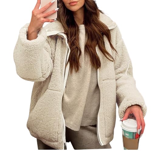 Onsoyours Fleecejacke Damen Warme Teddyjacke Revers Winterjacke Einfarbig mit Taschen Reißverschluss Teddyfleece Jacke Plüschjacke A Beige S von Onsoyours