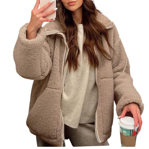Onsoyours Fleecejacke Damen Warme Teddyjacke Revers Winterjacke Einfarbig mit Taschen Reißverschluss Teddyfleece Jacke Plüschjacke A Braun XS von Onsoyours