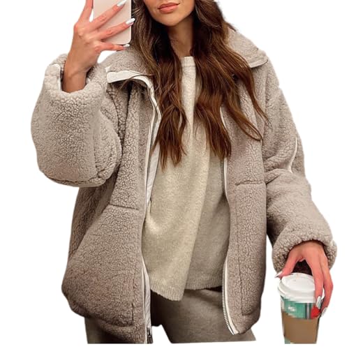 Onsoyours Fleecejacke Damen Warme Teddyjacke Revers Winterjacke Einfarbig mit Taschen Reißverschluss Teddyfleece Jacke Plüschjacke A Khaki XL von Onsoyours