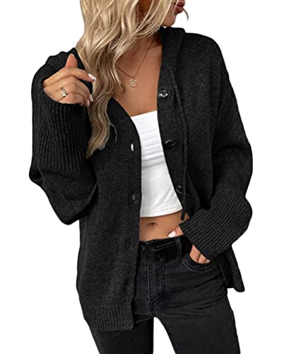 Onsoyours Frauen Cardigan Kapuzenpullover mit Knopfleiste Lose Warm Herbst Winter Lang Strickcardigan Jacke Mantel mit Kapuze B Schwarz M von Onsoyours