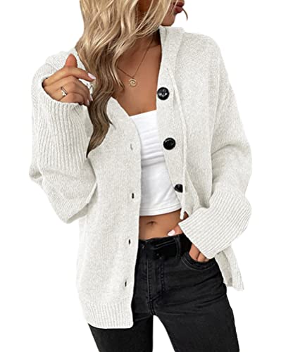 Onsoyours Frauen Cardigan Kapuzenpullover mit Knopfleiste Lose Warm Herbst Winter Lang Strickcardigan Jacke Mantel mit Kapuze B Weiß XL von Onsoyours