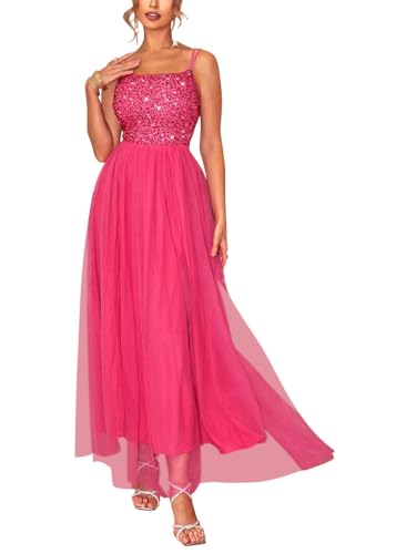 Onsoyours Frauen Glitzer Tüll Ballkleider Lange Spaghettiträger Formelles Abendkleid Eine Linie Hohe Schlitz Hochzeitsfeier Kleider A Rose Rot M von Onsoyours