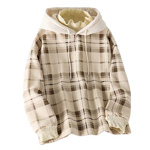 Onsoyours Frauen Harajuku Plaid Hoodies Gefälschte Zweiteilige Fleece Rollkragen Koreanische Kapuzenpullover Mode Herbst Winter Kleidung Lässige Lose Streetwear Aprikose M von Onsoyours