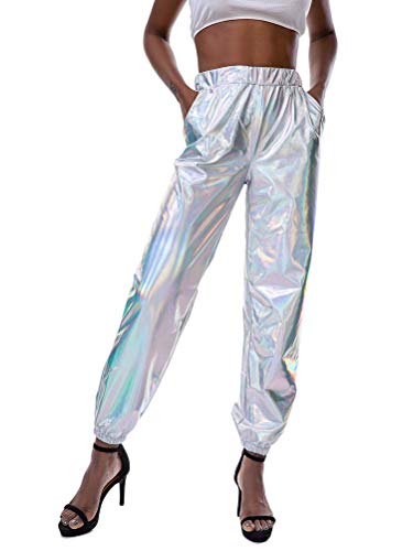 Onsoyours Frauen Hohe Taille Hip Hop Jogginghose Jogger Holographische Farbe Streetwear Hosen Metallic Hosen Lose Hosen Silber XS von Onsoyours