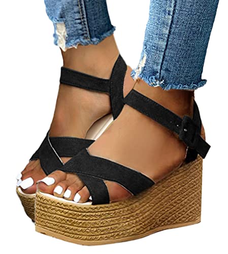 Onsoyours Frauen Keilabsatz Sandalen Sommer Offene Schuhe Faux Leder Plattform Rom Damen Flip Flops Freizeit Sommerschuhe J Schwarz 39 EU von Onsoyours