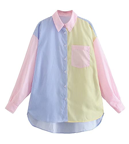 Onsoyours Frauen Mode Kontrast Farbe Striped Print Kittel Bluse Büro Damen Breasted Casual Shirts Chic Blusas Tops B Blau Gelb L von Onsoyours