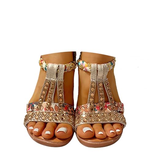 Onsoyours Frauen Sandalen Sommer Boho Offene Schuhe Rom Damen Freizeit Elastischen Knöchelriemchen Keilabsatz Sandals Party Sommerschuhe Strandsandalen mit Strass 01 Gold 42 EU von Onsoyours