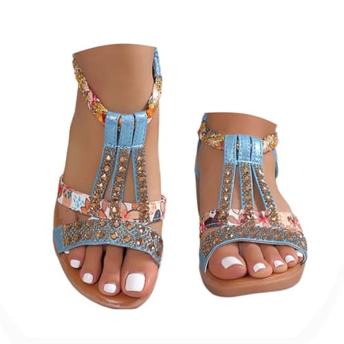 Onsoyours Frauen Sandalen Sommer Boho Offene Schuhe Rom Damen Freizeit Elastischen Knöchelriemchen Keilabsatz Sandals Party Sommerschuhe Strandsandalen mit Strass A Blau 35 EU von Onsoyours
