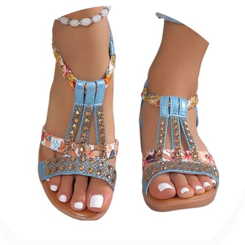 Onsoyours Frauen Sandalen Sommer Boho Offene Schuhe Rom Damen Freizeit Elastischen Knöchelriemchen Keilabsatz Sandals Party Sommerschuhe Strandsandalen mit Strass A Blau 42 EU von Onsoyours