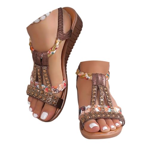 Onsoyours Frauen Sandalen Sommer Boho Offene Schuhe Rom Damen Freizeit Elastischen Knöchelriemchen Keilabsatz Sandals Party Sommerschuhe Strandsandalen mit Strass A Braun 38 EU von Onsoyours