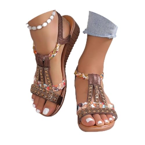 Onsoyours Frauen Sandalen Sommer Boho Offene Schuhe Rom Damen Freizeit Elastischen Knöchelriemchen Keilabsatz Sandals Party Sommerschuhe Strandsandalen mit Strass A Braun 40 EU von Onsoyours